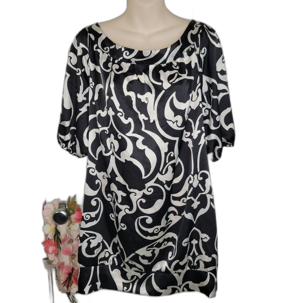 Whbm satin boat neck scroll print mini dress size large